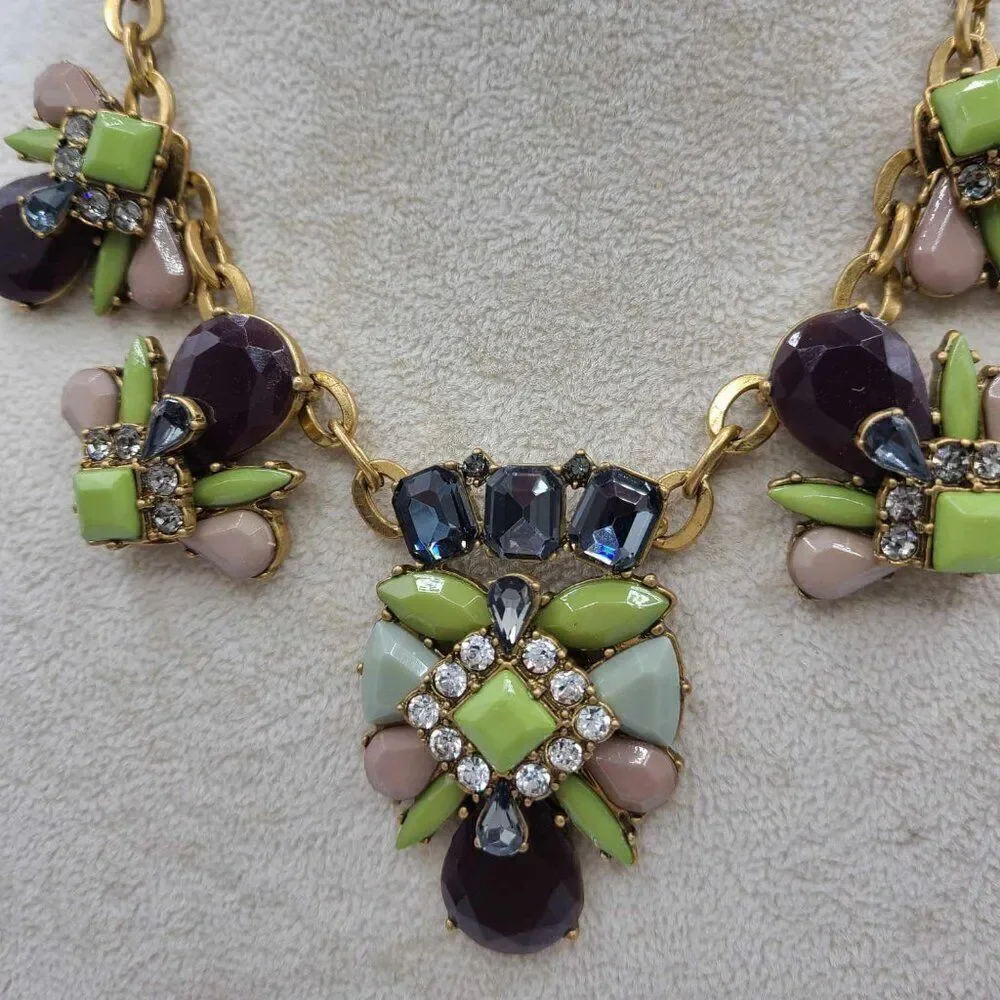 J Crew Chunky Green Brown Gray Crystal Statement Necklace